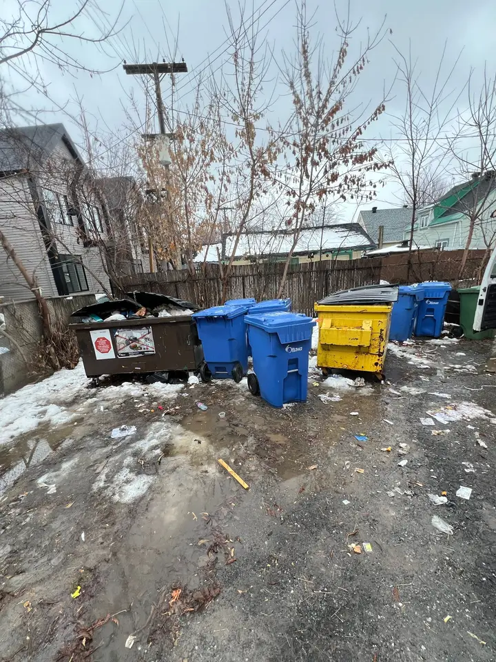The same lot with the loose garbage gone and the bins lined up